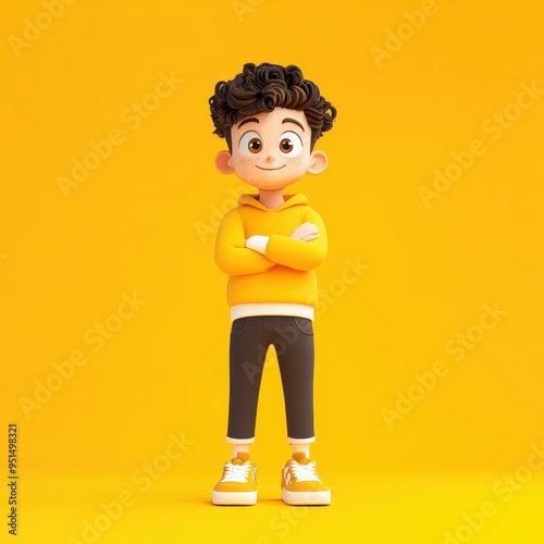 Cartoon boy with a glossy finish against a vibrant yellow background, showcasing bold and realistic design styles in stunning K. photo