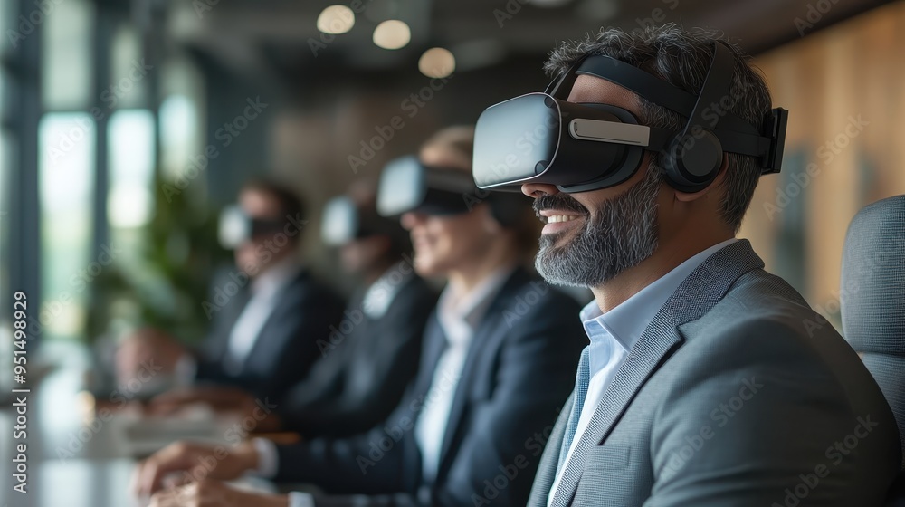 Realistic photo of virtual reality headsets in a corporate boardroom, executives exploring 3D market data Realistic photo of virtual reality headsets in a corporate boardroom, executives exploring 3D market data
