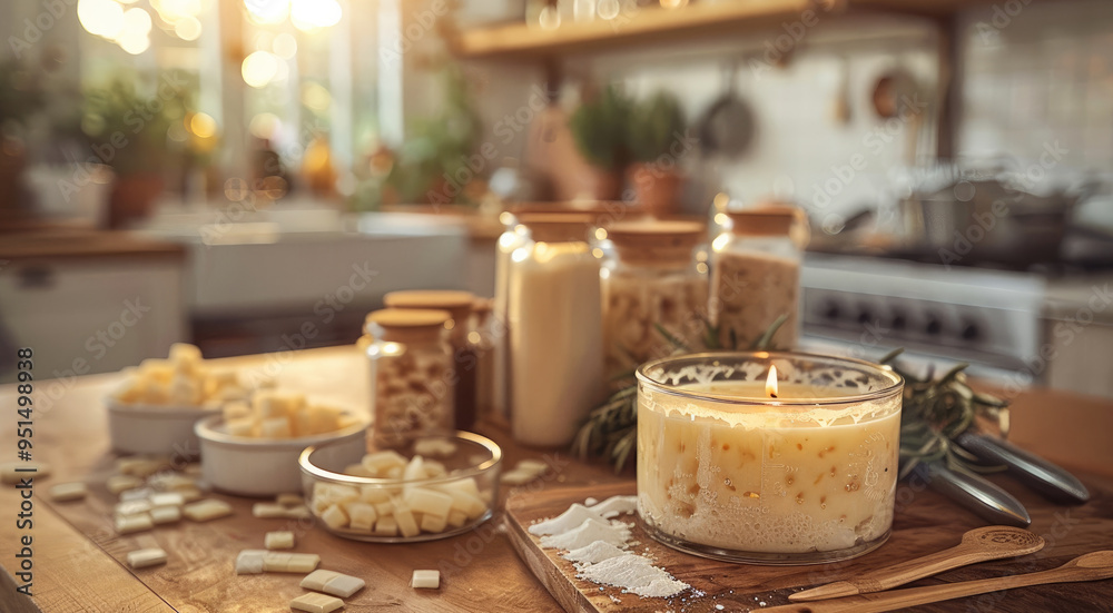 A cozy kitchen setting with all the essential tools and ingredients for soy candle making laid out on a wooden countertop. Generative AI. A cozy kitchen setting with all the essential tools and ingredients for soy candle making laid out on a wooden countertop. Generative AI.