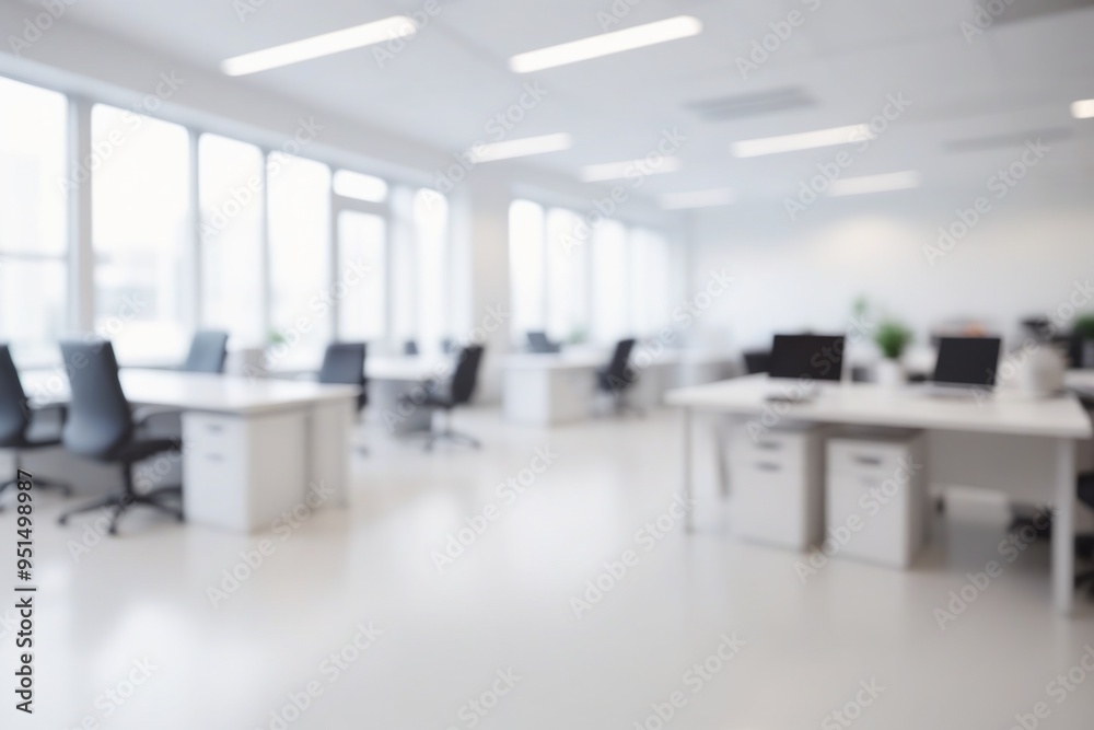Empty contemporary white office room with computer, table and chairs, large window overlooking cityscape Empty contemporary white office room with computer, table and chairs, large window overlooking cityscape