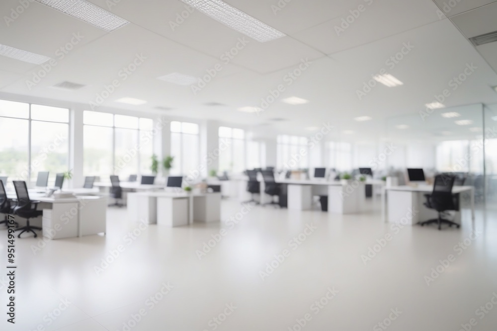 Empty contemporary white office room with computer, table and chairs, large window overlooking cityscape Empty contemporary white office room with computer, table and chairs, large window overlooking cityscape