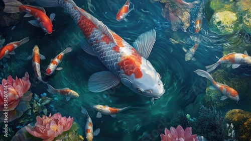 A large, majestic Koi carp swimming among smaller fish, its vivid colors making it stand out in the pond.