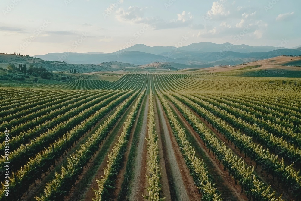 Aerial View of Rows of Grapevines in a Vineyard with a Mountain Range in the Distance Aerial View of Rows of Grapevines in a Vineyard with a Mountain Range in the Distance