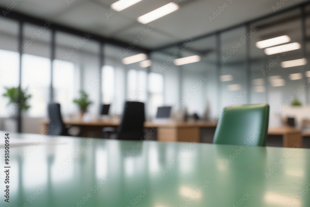 A light green blurred office interior featuring a desk with a laptop and computer, complete with a chair, monitor, keyboard, and other workspace essentials A light green blurred office interior featuring a desk with a laptop and computer, complete with a chair, monitor, keyboard, and other workspace essentials