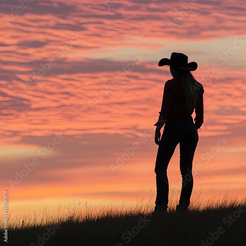 A lone cowgirl silhouette standing tall with a hat, the evening sky ablaze with orange and pink hues