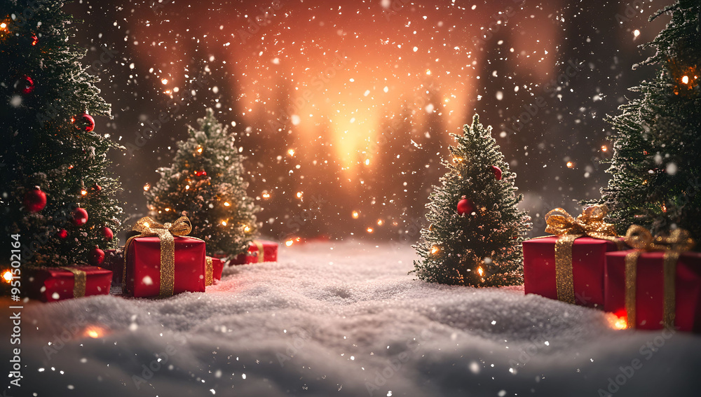 Christmas background featuring a starry sky, snow-covered trees, and red gift boxes on the ground, creating a festive Christmas night scene. Christmas background featuring a starry sky, snow-covered trees, and red gift boxes on the ground, creating a festive Christmas night scene.