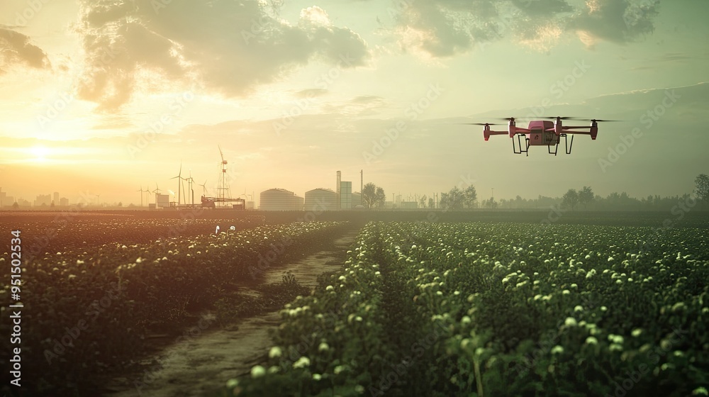 A modern agricultural field equipped with smart technology, drones, and automated systems, symbolizing the future of farming. A modern agricultural field equipped with smart technology, drones, and automated systems, symbolizing the future of farming.