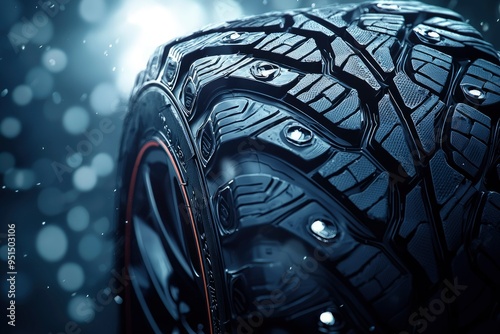 Close-up of a Black Winter Tire with Metal Studs photo