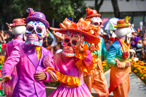 Day of the dead parade in Mexico city, Catrinas with colorful costumes in an exciting tradition