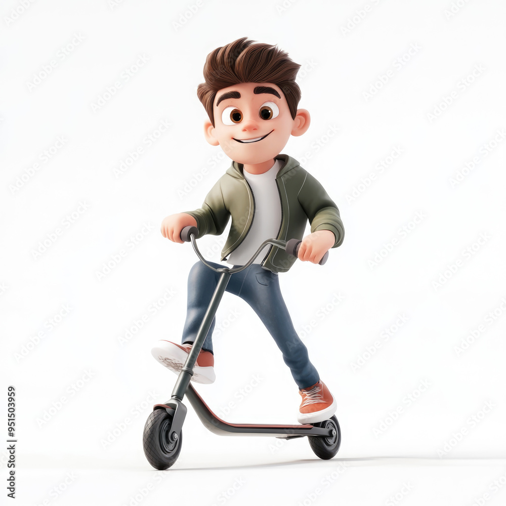 3D character, a boy doing a trick on the scooter, against a solid white background 3D character, a boy doing a trick on the scooter, against a solid white background