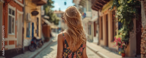 Young woman standing in summer dress outdoors on a street photo