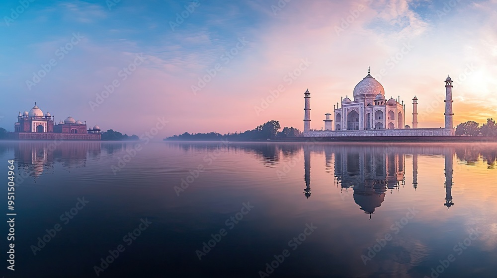 Obraz premium A panoramic view of the Taj Mahal at sunrise, with its iconic marble dome reflecting in the still waters, capturing the beauty of India's most famous monument.