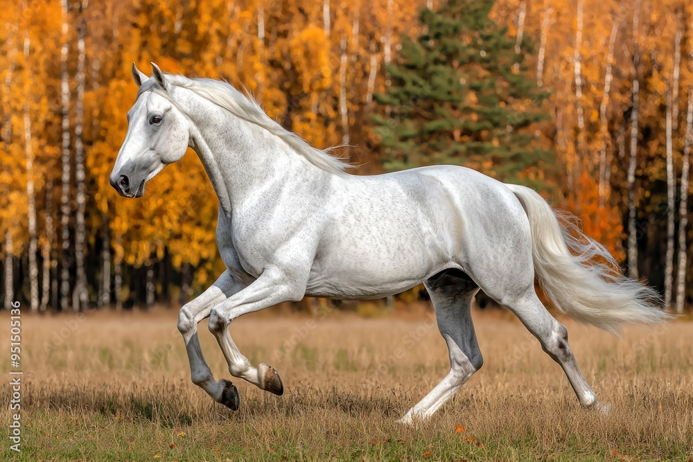 White Horse Running Through Autumnal Forest White Horse Running Through Autumnal Forest