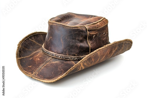 Brown leather hat isolated on white background .Leather western hat with generative ai