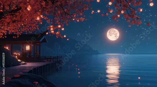 Mid-Autumn Festival night with a calm sea and a bright moon, creating a clean and serene visual experience.