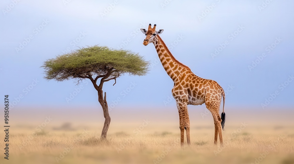 Obraz premium A majestic giraffe stands gracefully beside a solitary tree in a serene landscape, capturing the beauty of wildlife.