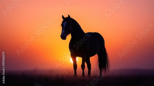 A majestic horse silhouette against a vibrant sunset, capturing the beauty of nature and tranquility on a serene landscape.