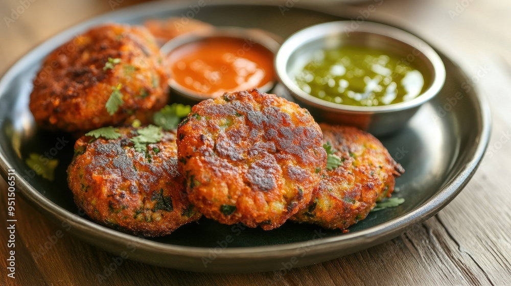 A plate of aloo tikki with chutneys, showcasing the crispy texture and spicy flavors of this popular Indian street food. A plate of aloo tikki with chutneys, showcasing the crispy texture and spicy flavors of this popular Indian street food.