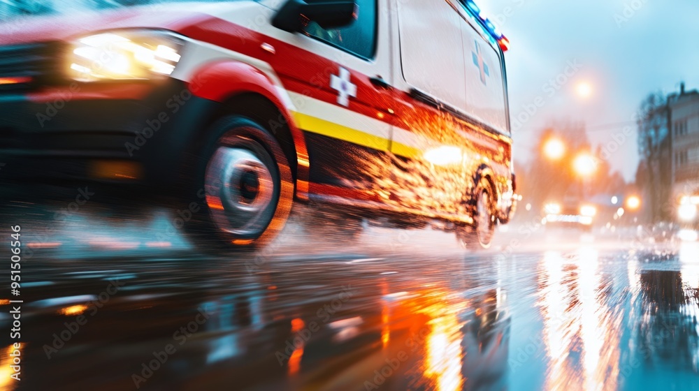 Urgent EMS Vehicle Racing in Rainy Night with Advanced GPS Navigation - Emergency Response Concept Urgent EMS Vehicle Racing in Rainy Night with Advanced GPS Navigation - Emergency Response Concept