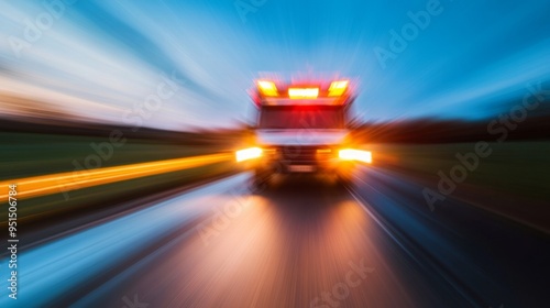 Urgent Response: EMS Vehicle Speeding on Country Road with Blazing Emergency Lights at Dusk photo