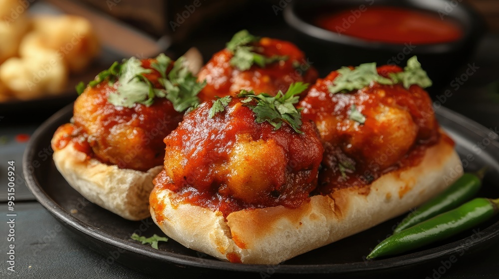 A plate of spicy, tangy vada pav with green chilies on the side, capturing the essence of Mumbai's street food culture. A plate of spicy, tangy vada pav with green chilies on the side, capturing the essence of Mumbai's street food culture.