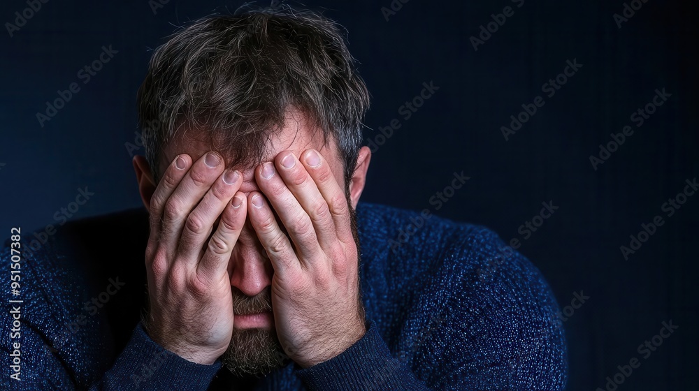 A man shows deep emotional distress by covering his face with hands, capturing a moment of vulnerability and reflection.