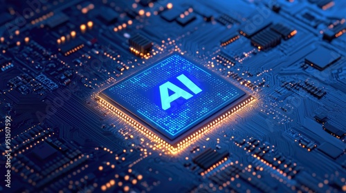 A powerful processor chip with the word "AI" embossed, glowing under neon blue light, representing advanced artificial intelligence technology.