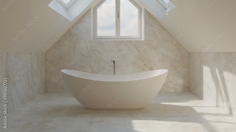 Modern bathroom with a freestanding marble bathtub, bathed in dramatic sunlight against a minimalist grey concrete wall. Modern bathroom with a freestanding marble bathtub, bathed in dramatic sunlight against a minimalist grey concrete wall.