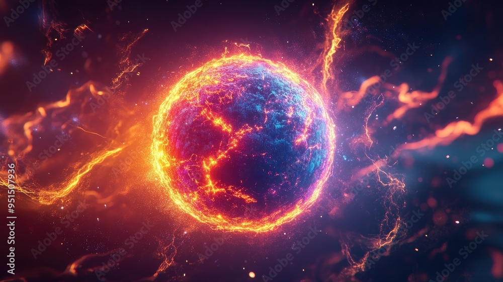 A radiant, neon-colored energy sphere with dynamic particle movement, glowing against a dark, abstract backdrop. A radiant, neon-colored energy sphere with dynamic particle movement, glowing against a dark, abstract backdrop.