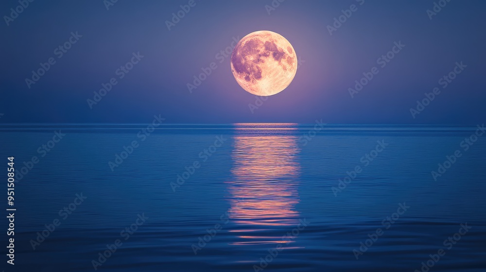 Fototapeta premium The full moon shines over a calm sea during the Mid-Autumn Festival, reflecting a clean and tranquil atmosphere.