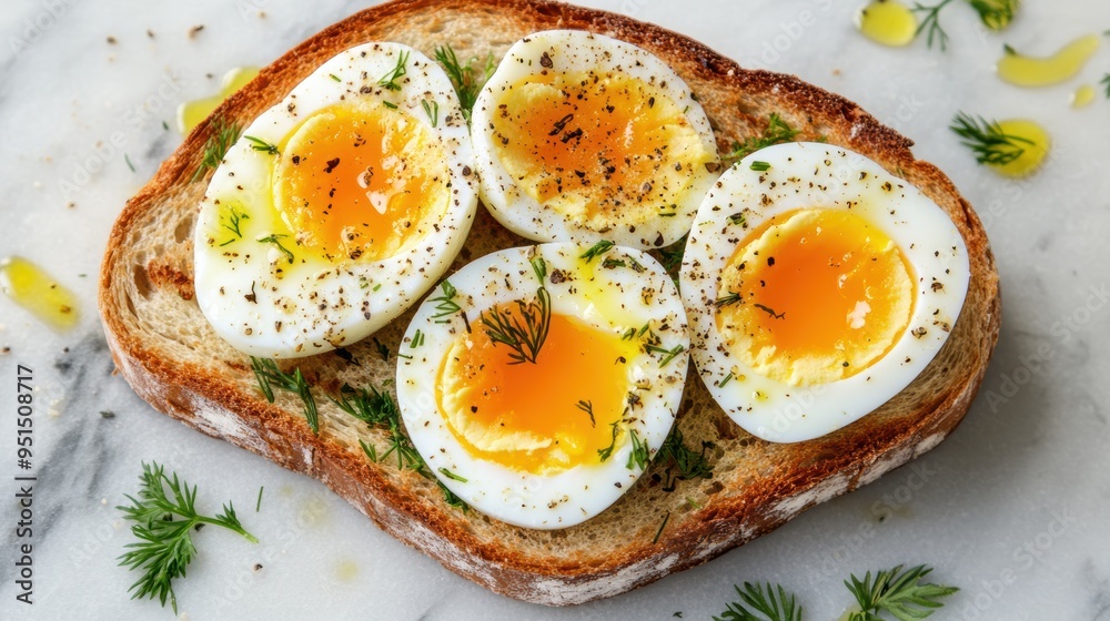 Toast topped with four soft-boiled eggs, garnished with parsley and black pepper, presented on a wooden surface for a simple, healthy meal. Toast topped with four soft-boiled eggs, garnished with parsley and black pepper, presented on a wooden surface for a simple, healthy meal.
