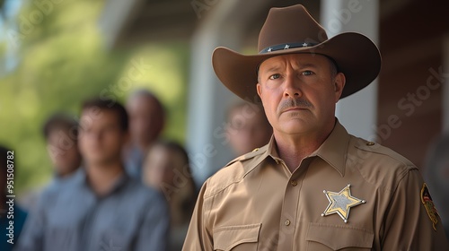 In a small town, a local sheriff holds a press conference, announcing new measures to ensure justice and safety for all community members