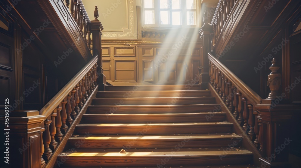 Obraz premium Sunlight Illuminating a Wooden Staircase