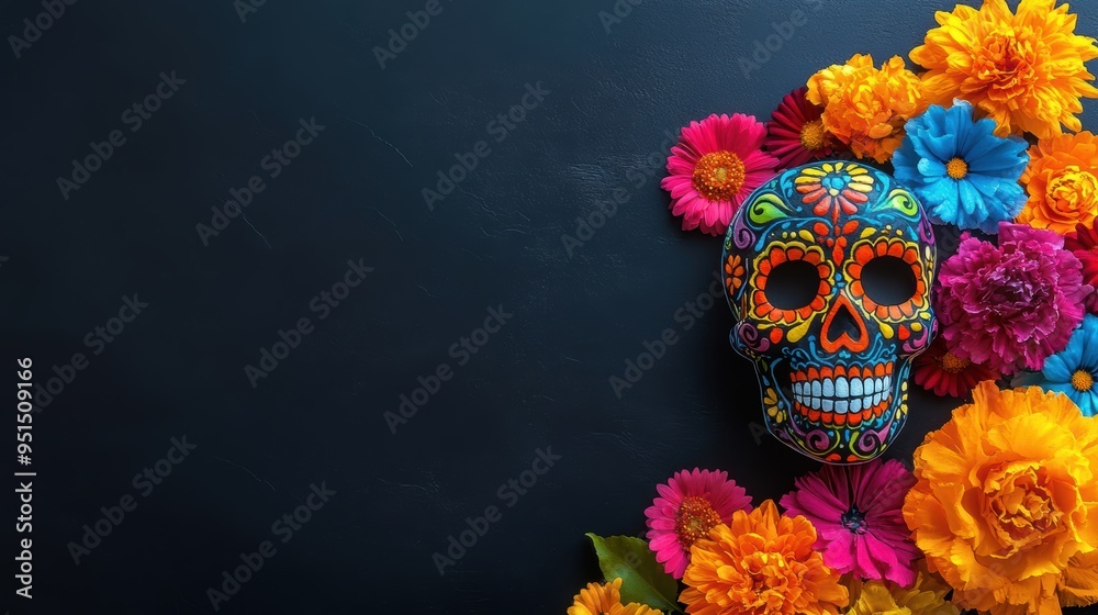 A vibrant Day of the Dead sugar skull surrounded by colorful flowers. Mexican cultural celebration and artistic expression concept. A vibrant Day of the Dead sugar skull surrounded by colorful flowers. Mexican cultural celebration and artistic expression concept.