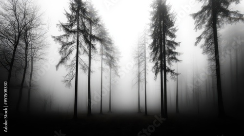 A mysterious forest shrouded in fog, featuring tall trees and an eerie atmosphere, perfect for evoking emotions and storytelling. photo