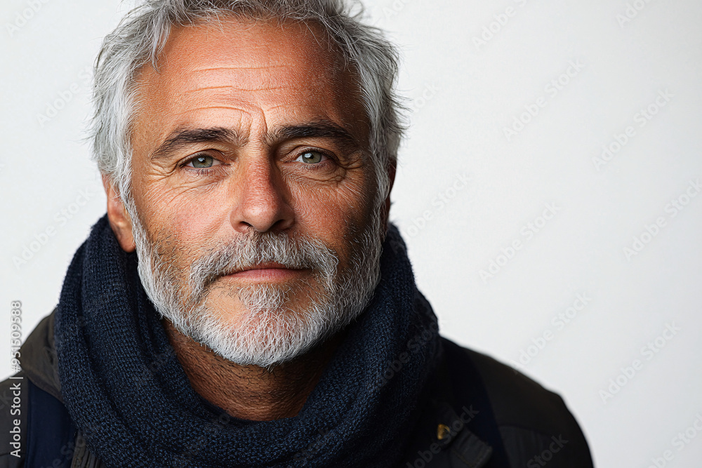 A portrait of a French man in his 50s against a white background, exuding confidence and sophistication. A portrait of a French man in his 50s against a white background, exuding confidence and sophistication.