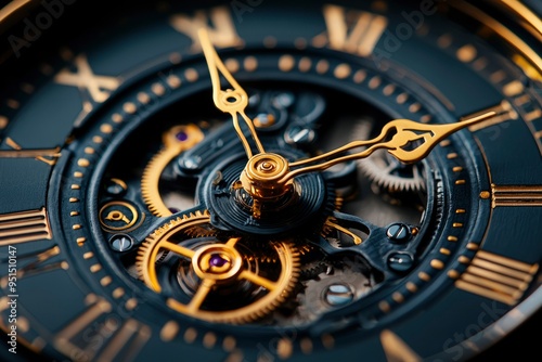 Close-up of a Black and Gold Watch Face with Intricate Gears