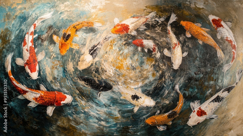 Φωτογραφία A school of Koi carps swimming gracefully in a pond, their bodies creating a beautiful tapestry of color and movement