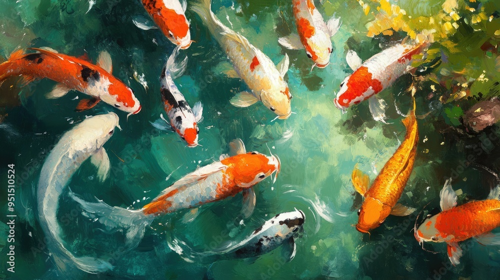 Φωτογραφία A school of Koi carps swimming in a pond, their bright colors and dynamic movements bringing life to the water