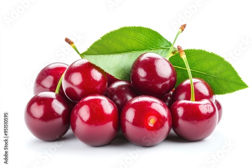 Cherry isolated. Fresh ripe cherries with leaves isolated on a white background.Sweet cherries pile. Berries and fruits. Vegan. Healthy eating with generative ai