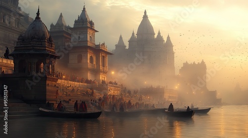 A serene image of a temple on the banks of the Ganges River at Varanasi, with pilgrims performing rituals, capturing the spiritual essence of India.