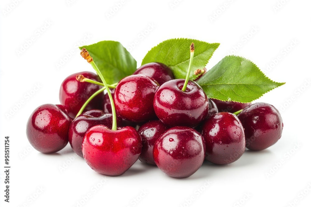 Cherry isolated. Fresh ripe cherries with leaves isolated on a white background.Sweet cherries pile. Berries and fruits. Vegan. Healthy eating with generative ai Cherry isolated. Fresh ripe cherries with leaves isolated on a white background.Sweet cherries pile. Berries and fruits. Vegan. Healthy eating with generative ai