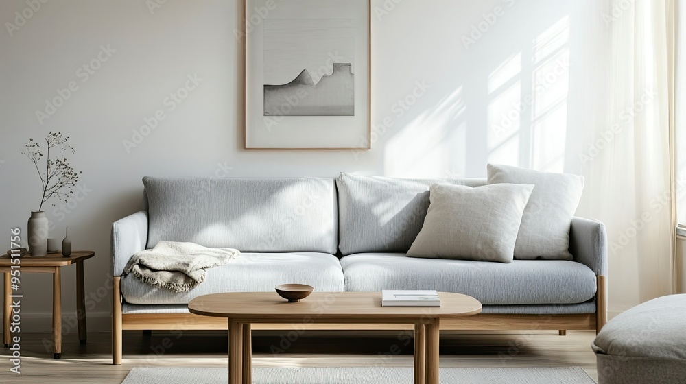 A serene Scandinavian-style living room featuring a gray sofa, wooden table, and simple decor, with natural light enhancing the minimalist aesthetic. A serene Scandinavian-style living room featuring a gray sofa, wooden table, and simple decor, with natural light enhancing the minimalist aesthetic.