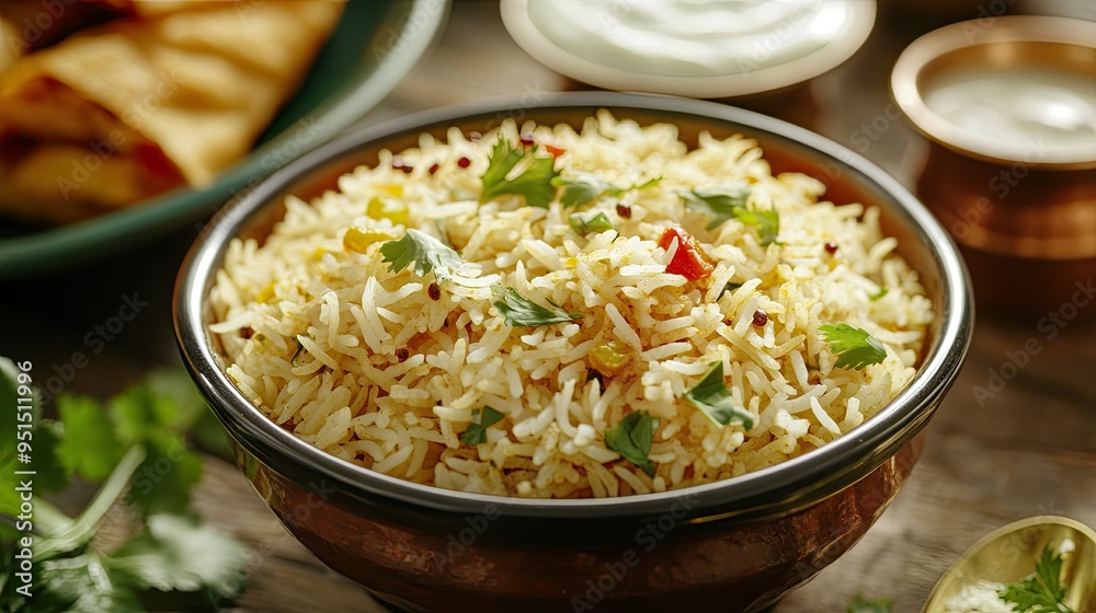 A serving of Indian basmati rice, with a side of curry and raita, showcasing the fragrant, fluffy texture and versatility of this staple dish. A serving of Indian basmati rice, with a side of curry and raita, showcasing the fragrant, fluffy texture and versatility of this staple dish.