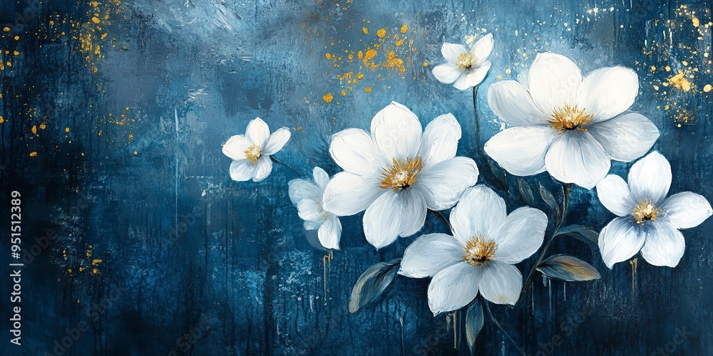 Obraz premium Abstract painted oil acrylic painting of white flowers with gold deatils and dark blue moody background wallpaper texture illustration 