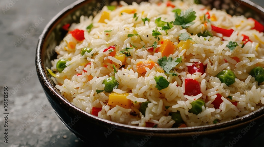 A serving of pulao rice with mixed vegetables and saffron, capturing the fragrant and flavorful essence of this Indian dish. A serving of pulao rice with mixed vegetables and saffron, capturing the fragrant and flavorful essence of this Indian dish.