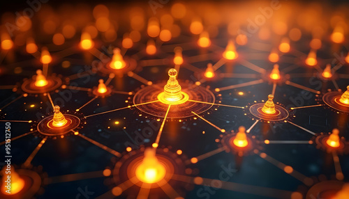 Glowing Chess Pieces Connected by Lines on a Dark Background