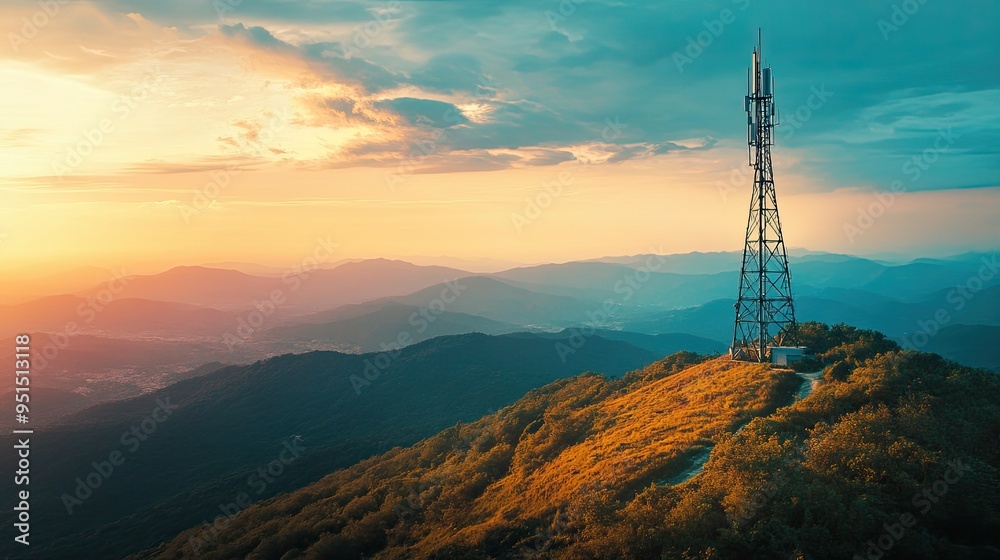 A signal tower antenna rising from a mountain hilltop, with a vast natural landscape below, highlighting connectivity in remote regions. A signal tower antenna rising from a mountain hilltop, with a vast natural landscape below, highlighting connectivity in remote regions.