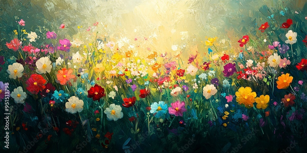 Digital oil painting of lush blooming summer meadow with colorful wildflowers, impressionism, beautiful artistic image for wallpaper, art print, background design Digital oil painting of lush blooming summer meadow with colorful wildflowers, impressionism, beautiful artistic image for wallpaper, art print, background design
