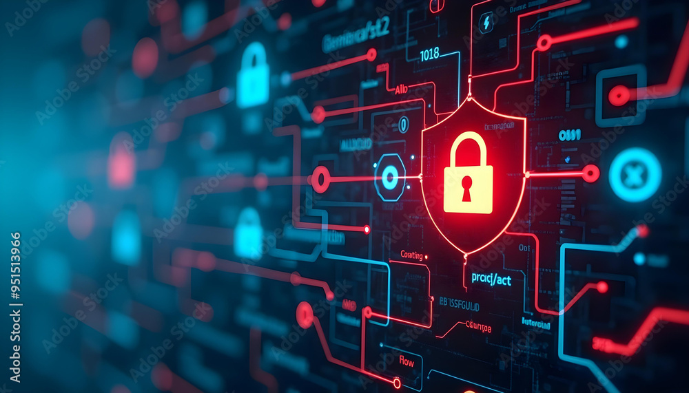 Digital Security System with Red and Blue Circuitry and a Locked Padlock Icon Digital Security System with Red and Blue Circuitry and a Locked Padlock Icon